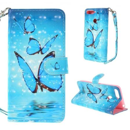 Huawei Y6 (2018) mobiletui i kunstlæder med printet mønster - Blå sommerfugl Blue
