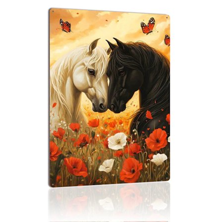 To majestætiske heste metalskilt sort og hvide heste i valmuefelt vintage blikskilt plade til hesteelskere boligindretning