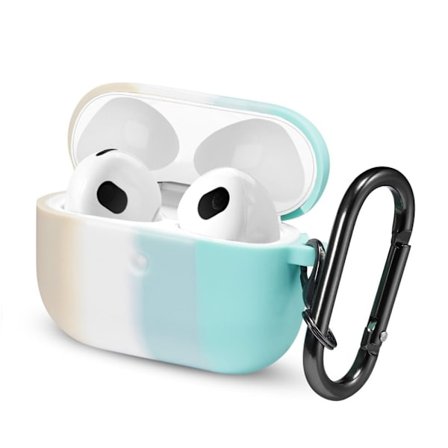 AirPods 3 sateenkaaren värisävyinen silikonikotelo karabiinilla - Beige / Syaani