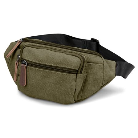 Riñonera de lona verde militar y cuero marrón para hombres - Riñoneras