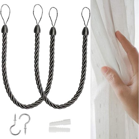 Sæt med 2 gardinbånd (sorte) til udendørs gardiner, gardiner, kunstdekoration, håndlavede, naturlige bomuldsstrikkede gardinbånd til rene, 