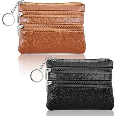 Sett med 2 små lommebøker for kvinner, Damelommebok, Kompakt skinnlommebok med glidelås hele veien rundt, med 3 rom og nøkkelholder, Svart + brun