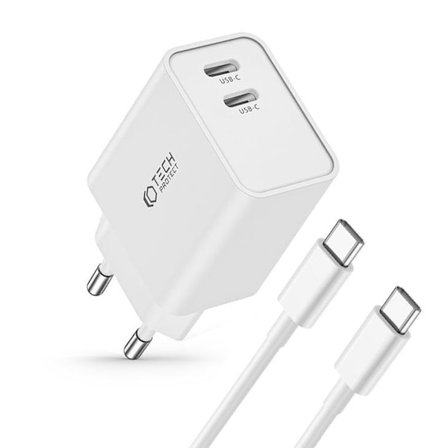 Tech-Protect 2-Port Netværk Oplader Med USB-C Kabel - Hvid