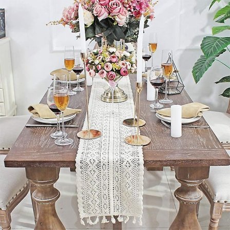 9,5 " X 71 " Beige Makramé Bordløber Rektangulær Hæklet Blonde Elegant Hul Netdug Til Rustik Boho Bryllupsdekor Brud & Baby Shower