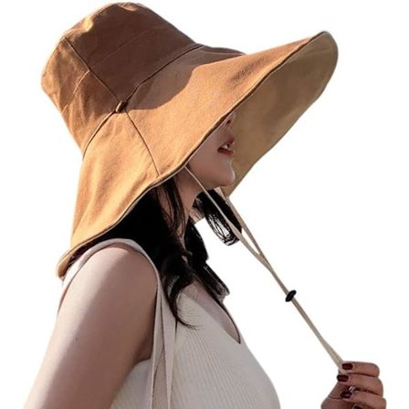 Dame 5,5" Bredbremmet UV-Beskyttende Solhatt Reversibel Bomullshatt for Utendørs med Hakestropp Avtakbar, Khaki