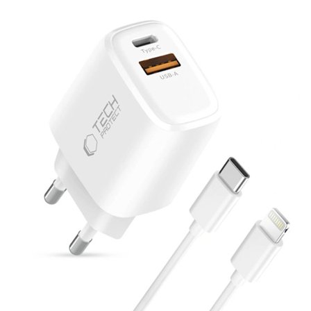 Tech-Protect Väggladdare 20W med USB-C Till Lightning Kabel - Vit