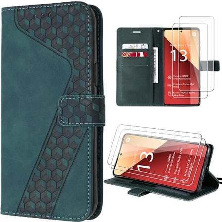 Etui til Xiaomi Redmi Note 13 Pro 4G (ikke til 5G) + 2 hærdede briller, midnatsgrønt PU-læder Folio-etui