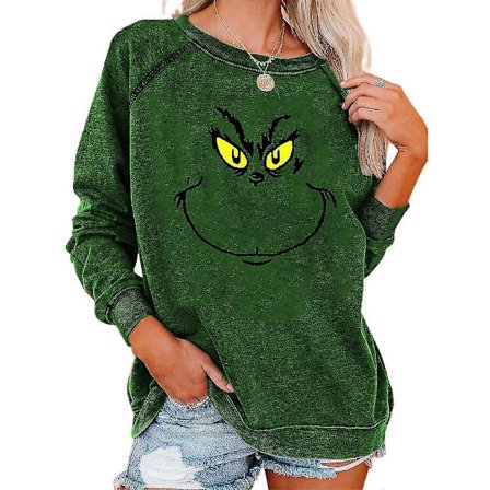 Kvinnor Christmas The Grinch Print T-shirt Casual Loose Sweatshirt Xmas Crew Neck Pullover Tops