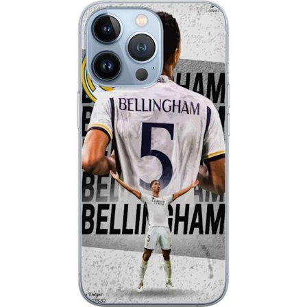 Kompatibelt Mobildeksel til Apple iPhone 13 Pro Real Madrid fotballmotiv med Jude Bellingham i nummer 5 drakt, stort klubbemblem, sterk atletisk pose