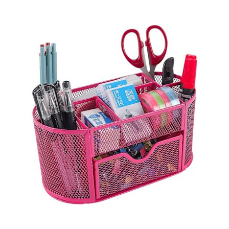 Kontor Mesh Skrivebordsoprydder Alsidig Papirvarer Opbevaring Skrivebordsarrangør Penneholder Med Skuffe, Pink