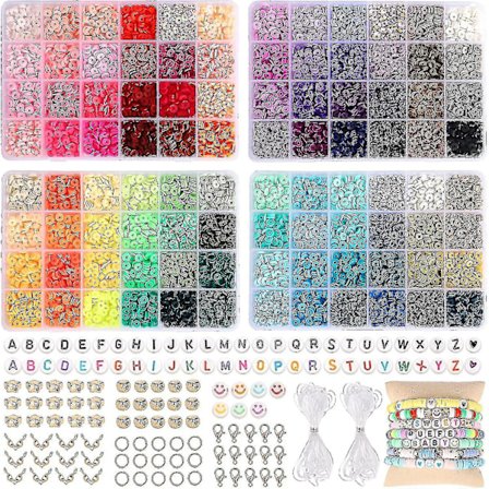 9600 Leireperler til smykkeproduksjon, 96 farger Spaced Black Stone Perler Flat Rund Polymer Leireperler Med Bokstavperler Smiley Perler Og Elastisk 