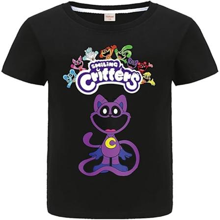 Smiling Critters T-shirt för barn Sommar Bomullstopp Tee (svart)(120cm lång)