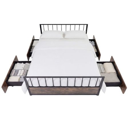 Lit Dobbelt 140 x 200 CM COSTWAY med Hoved- og Fodende, 4 Skuffer, Metal Lister, uden Madras, Sengestruktur Belastning 300 kg