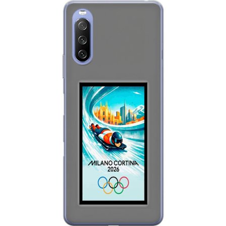 Yhteensopiva Puhelinkuori Sony Xperia 10 III Lite Dynaaminen kelkkailija tai skeleton-ajaja jääkanavalla Milanon Cortina 2026 kanssa, kaupunkinäkymä j