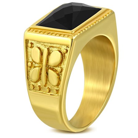 Klackring Herr Ring i Kirurgiskt Stål 316L i Guld färg med Svart CZ Kristall & Fint Mönster - Stl 18