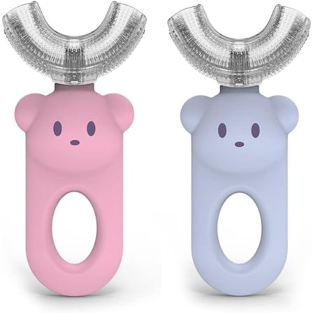 U-formet tannbørste for barn 2 stk, 360 graders U-formet tannbørste, flytende silikon U-formet tegneserie tannbørste for barn i alderen 2-6 år, rosa 