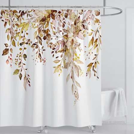 Smaragdgrønt dusjforheng i eukalyptusstoff, sammenkoblede planteblader med blomstret dusjforhengsett med kroker, B120xH180cm