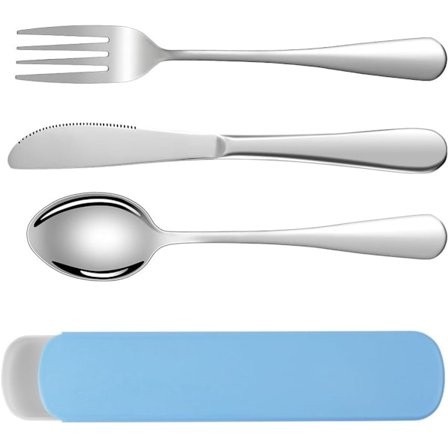 Camping Bestickset, 3 Delars Återanvändbart Bestickset, Portabelt Rostfritt Stål Bestick med Plastlåda, Portabla Köksredskap, för Utomhusresor, Blå