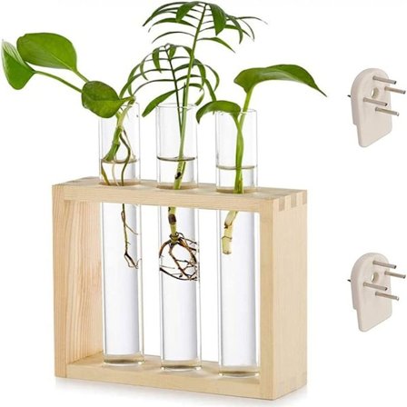Pöytämallinen kasvien lisäysasema lasista, pöytämallinen hydroponisten kasvien pidike puutelineellä, seinään kiinnitettävä koeputkimaljakko 