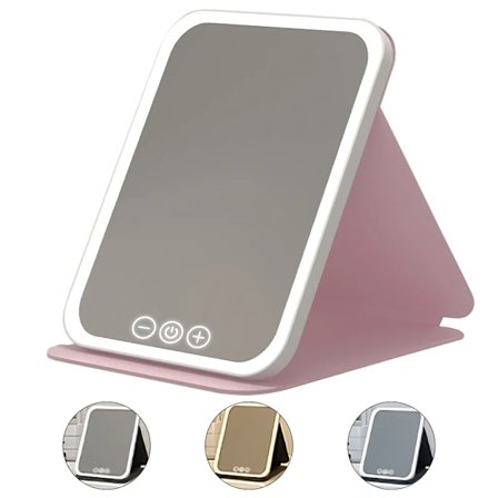 Foldbar Makeup Spejl med Lys, Genopladeligt Bærbart Rejsespejl, Touch Screen med 3 Farver Lys, Trinløs Justerbar, Pink