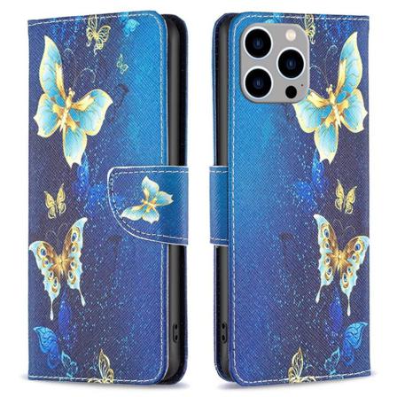 Iphone 14 Pro Max Pu Leather Magnetic Clasp Stand Fodral - Golde Golden Butterflies