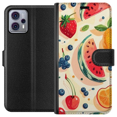Kompatibel Tegnebogsetui til Motorola Moto G23 Legesyg frugtillustration med vandmelon, citrus, jordbær, kirsebær og bær