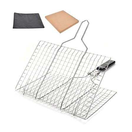 Sammenklappelig BBQ Grillnet med Træhåndtag Multifunktionel Risteklemme til Campingture