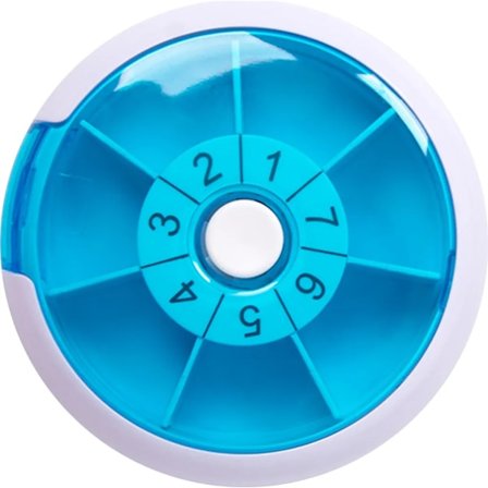 Pyöreä pillerirasia tablettirasia 7 päivän lääkerasia, pyörivä pillerirasia napsautuslukolla, siniset numerot