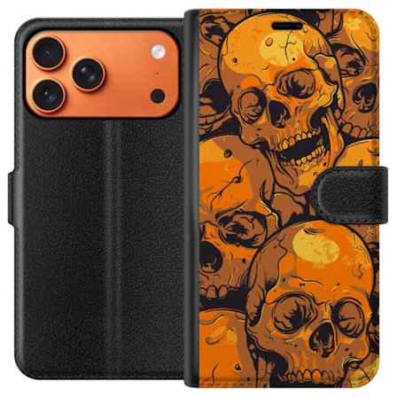 Yhteensopiva Lompakkokotelo Apple Apple iPhone 17 Pro Max Oranssi kuviollinen pääkallo kuosia raakassa piirrostyylissä toistuvilla kalloilla voimak