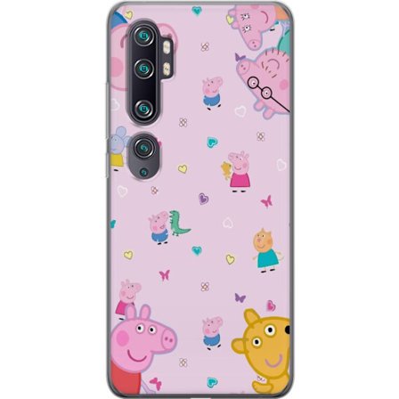 Kompatibelt Mobildeksel til Xiaomi Mi Note 10 Peppa Gris med en baby i armene, mamma gris motiv i fargerik og myk barneillustrasjon med hjerter