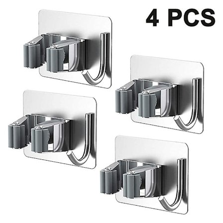 4 stk. moppekostholder uten boring, moppekostorganisator veggmontert kraftig med kroker henger, oppbevaringsstativ selvklebende rustfritt stål for bad