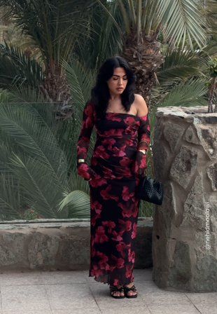 Bubbleroom Occasion Mesh Ruched Ankle Dress Black/Floral XS