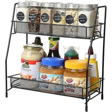 Køkken Krydderihylde, Opbevaringshylde, Organizer, Arbejdsstation Krydderi Opbevaring, Køkkenskab Vertikal Hylde, Badeværelse, Sort (2 Lag)