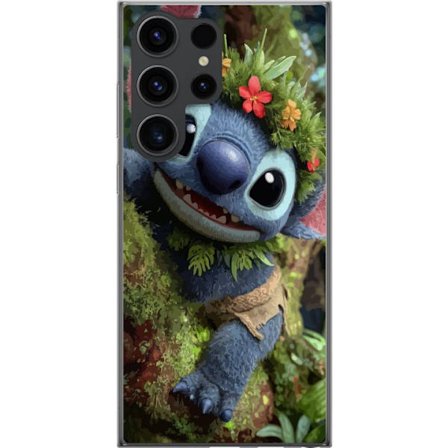 Samsung Galaxy S24 Ultra Gennemsigtig cover Stitch tropisk blomsterkrans i junglen sød blå karakter aloha ø natur kawaii levende kunst eventyr