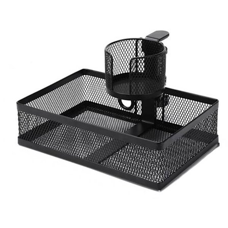 Svart skrivebordsorganisator med koppholder u0026 skjult skuff - 360° rotasjon - Stor lagringskapasitet - Kompatibel med kontorpulter - 1 stk