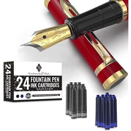 Fountain Pen Sæt, 18k Forgyldt Ekstra Fin Nib, Inkluderer 24 Pakke Blækpatroner, Blæk Påfyldningskonverter & Gaveæske, Guld Finish, Kallig