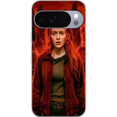 Kompatibelt Mobilskal till Google Google Pixel 10 Pro Porträtt av en ung kvinna med rött hår i en apokalyptisk landskap, röda blixtar och mörka k