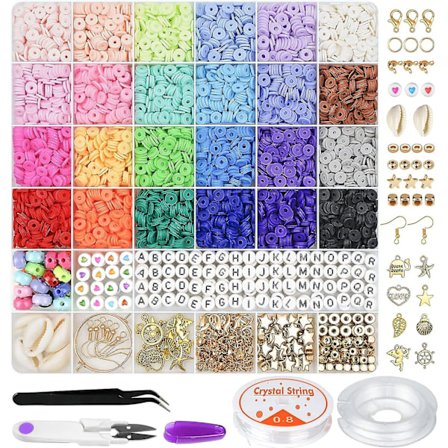 6000 kpl savihelmiä rannekorujen valmistukseen, 24 väriä litteät pyöreät polymeerisavihelmet 6 mm välikeheishihelmet riipuskoristeilla ja joustavilla 