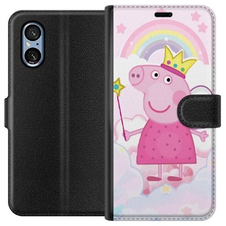 Yhteensopiva Lompakkokotelo Sony Xperia 5 V Peppa Pig prinsessamotiivi kruunulla, siivillä ja sateenkaarella, satumainen lasten kuvitus pilvitaustall