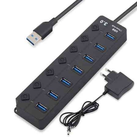 USB-hub med strøm, Aluminium USB-hub 3.0 til 7-port USB 3.0 strømskinne med 5V/2A ekstern strømforsyning Multiport USB-hub