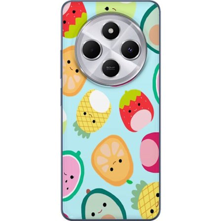 Kompatibel Mobilcover til Xiaomi Redmi 14C Mønster af kawaii frugter som jordbær citron ananas og avocado på lyseblå baggrund