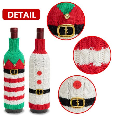 2-pakning Julevinflaskeovertrekk med Kreativ Strikk, for Julebordsdekorasjon og Borddekorasjon