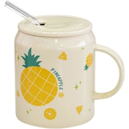 Porselenskopp med lokk og sugerør, 47 cl vannkopp med håndtak, søtt ananasmønster