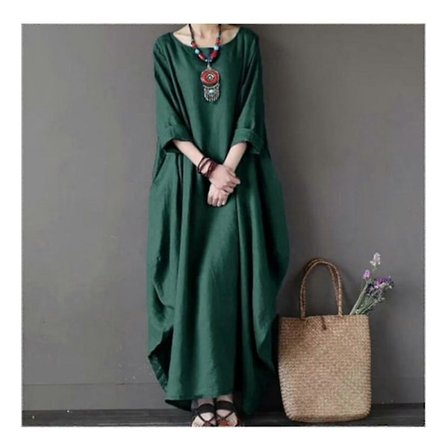 Sommerkjole til kvinder, langærmet løs bomuldslinned lang kjole til hverdagsbrug (mørkegrøn, M)