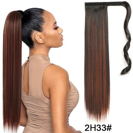 22" syntetiska hästsvansförlängningar linda runt lång rak falsk hästsvans Mjuk klämma i hårförlängningar Pony Tail falskt hår