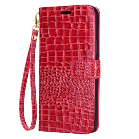 Fodral för iPhone16 6.1 Rosaröd krokodilmönstrad plånbok äkta läder