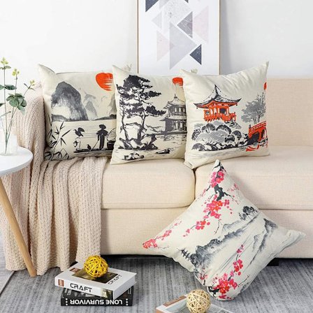 Sæt af 4 (45 x 45 cm) Pudebetræk, Polyester og Linned Dekorative