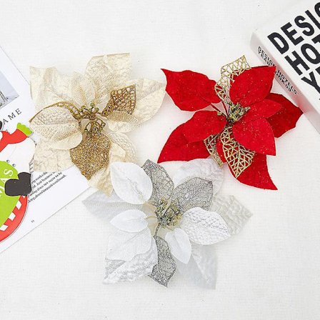 12 stk Glitter Juleblomster (20cm/8.4) med 12 stk Klemmer Kunstige Silke Julestjerne Blomsterhoder Krans Juletre Blomsterdekorasjoner Juletre—max