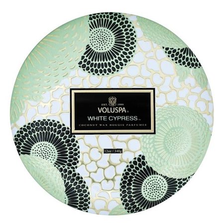 Voluspa 3-Wick Decorative Tin Candle White Cypress 340g