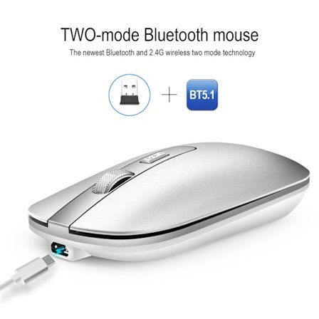 Bluetooth 5.1 Trådlös Mus, Laddningsbar, Metallhjul, Ljudlös 2.4G Mus (Silver)